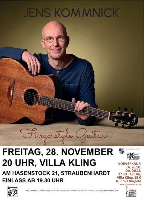 Plakat zur Veranstaltung: Der vielfach ausgezeichnete Gitarrist Jens Kommnick gastiert am 28. November wieder bei Kultur und Kleinkunst Straubenhardt. Der Vorverkauf beginnt am 28. Oktober.