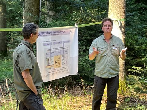 Revierförster Michael Bruder (links) mit Dr. Axel Albrecht bei der Waldbegehung im Juni 2023.