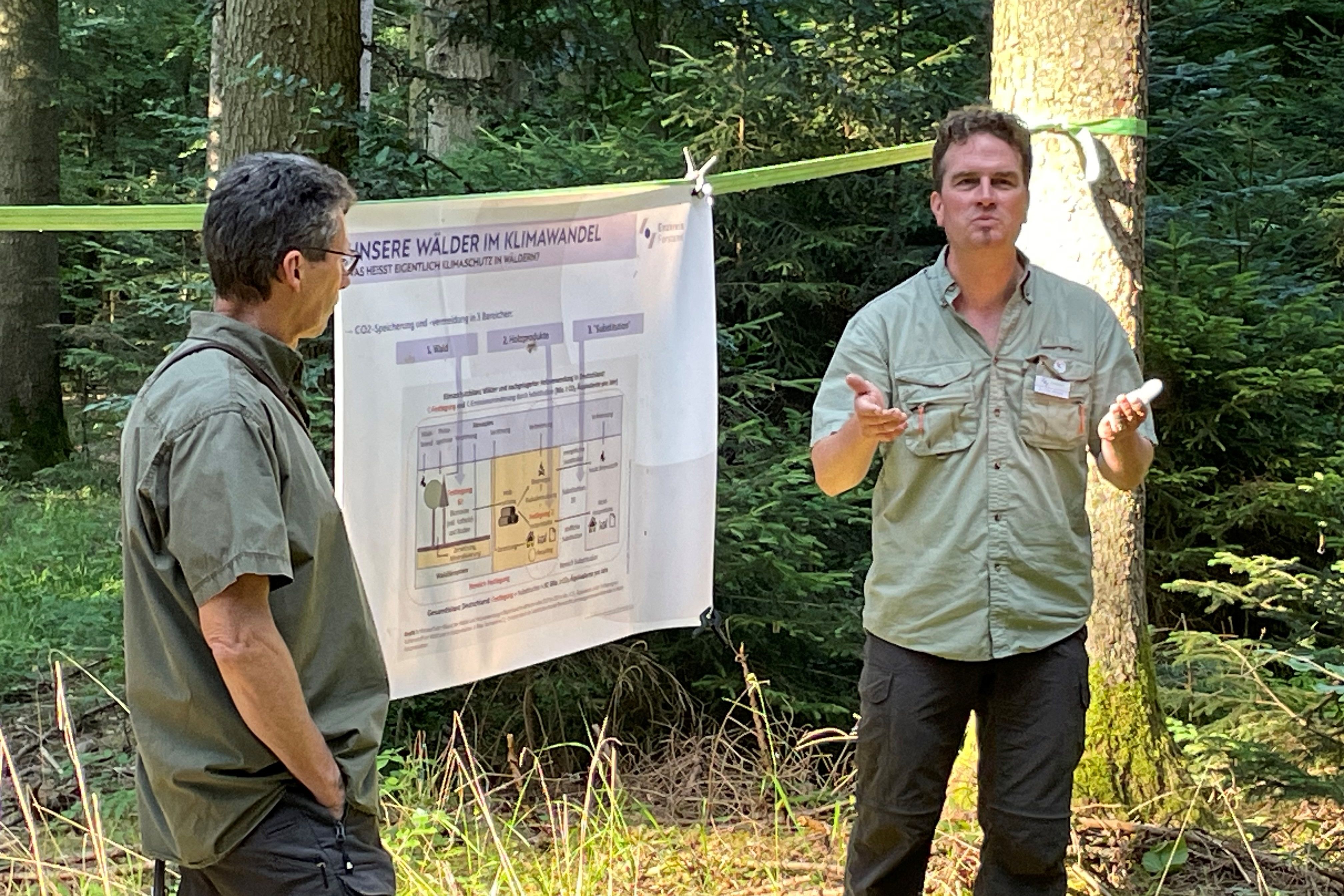 Revierförster Michael Bruder (links) mit Dr. Axel Albrecht bei der Waldbegehung im Juni 2023.